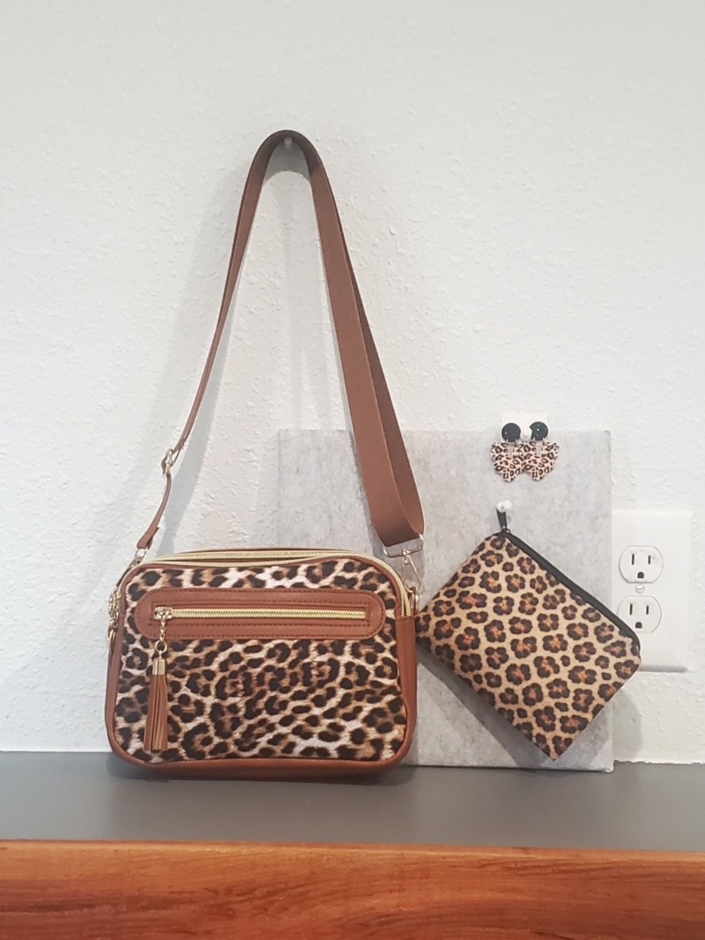 Womens Leopard Print Crossbody Bag with Matching Pouch - Brown